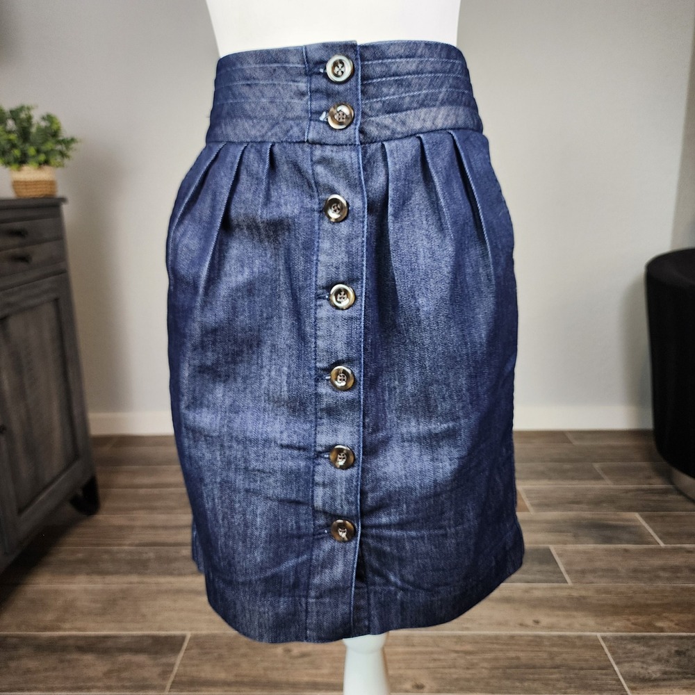 Pilcro and the Letterpress Denim Mini Skirt 4 Blue Dark Wash Button Front Pocket